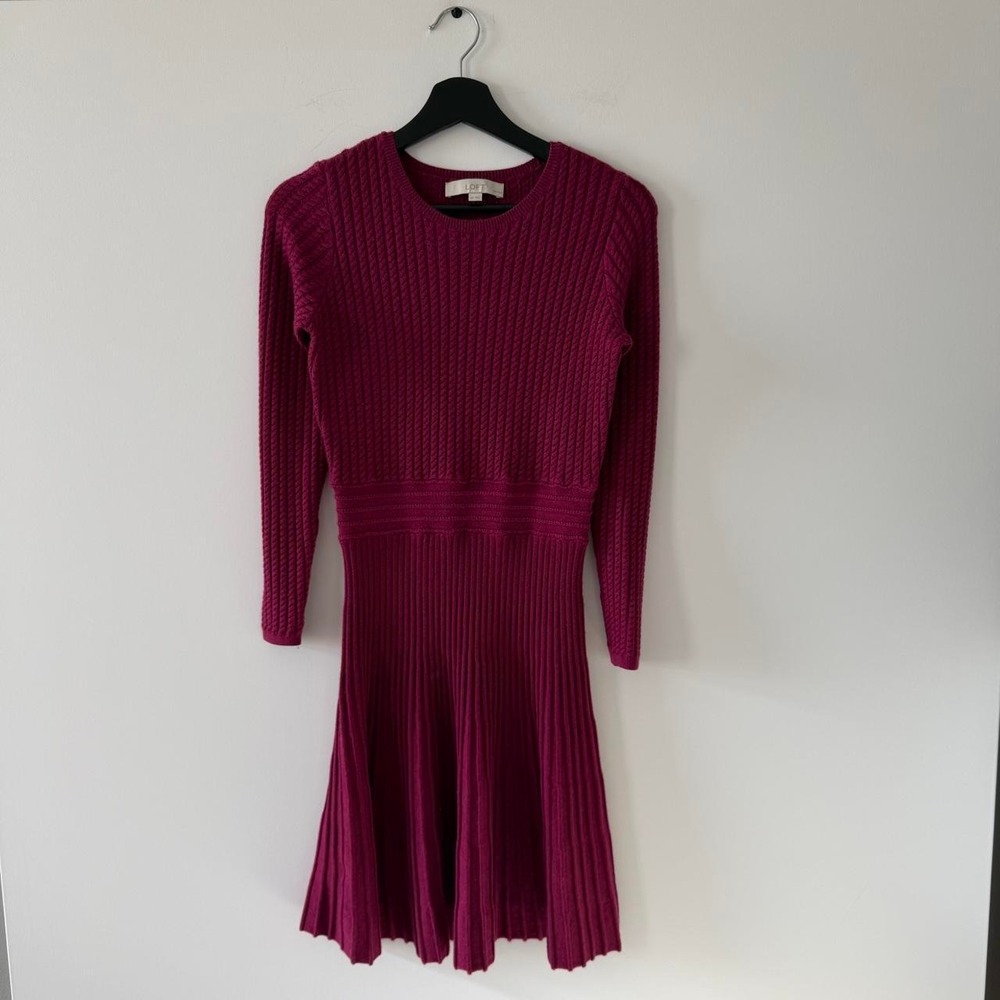 Loft Sweater Dress Womens Small Petite Merino Wool Blend Pleated Knit